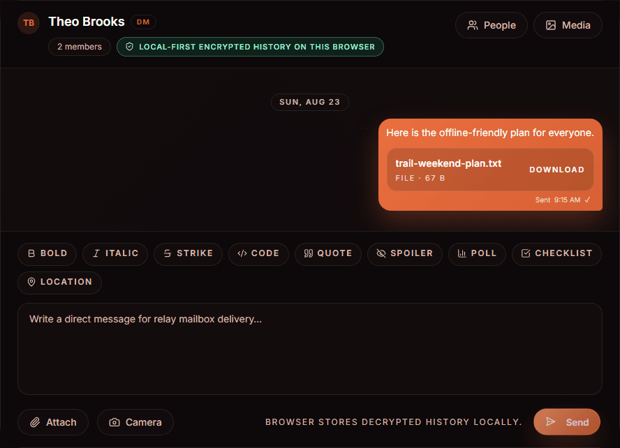 EmberChamber beta desktop web workspace showing a conversation and encrypted attachment